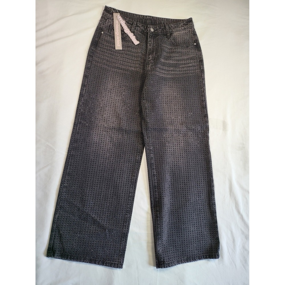 NWT Missguided Wide Leg High Rise Rhinestone Embellished Jeans 30